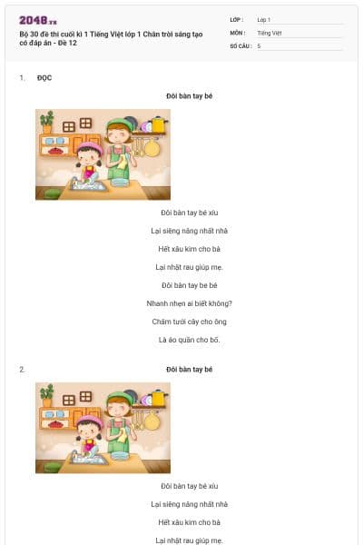 Bộ 30 đề thi cuối kì 1 Tiếng Việt lớp 1 Chân trời sáng tạo có đáp án - Đề 12