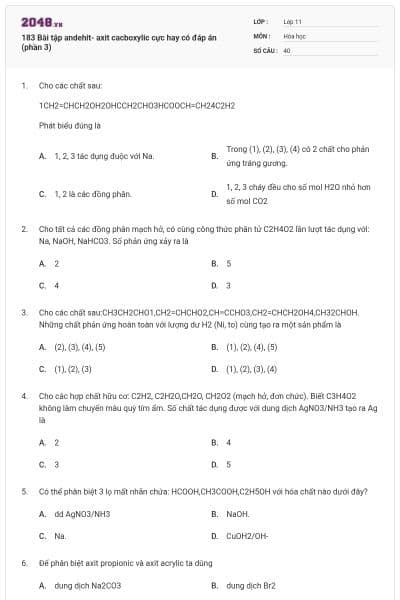 183 Bài tập andehit- axit cacboxylic cực hay có đáp án (phần 3)