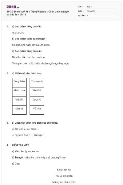 Bộ 30 đề thi cuối kì 1 Tiếng Việt lớp 1 Chân trời sáng tạo có đáp án - Đề 16