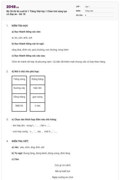 Bộ 30 đề thi cuối kì 1 Tiếng Việt lớp 1 Chân trời sáng tạo có đáp án - Đề 18