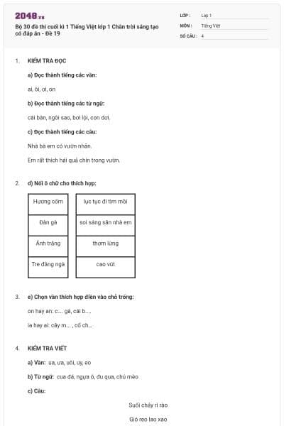 Bộ 30 đề thi cuối kì 1 Tiếng Việt lớp 1 Chân trời sáng tạo có đáp án - Đề 19