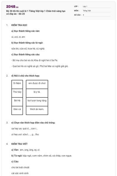 Bộ 30 đề thi cuối kì 1 Tiếng Việt lớp 1 Chân trời sáng tạo có đáp án - Đề 20