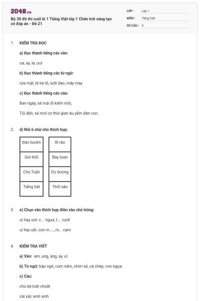Bộ 30 đề thi cuối kì 1 Tiếng Việt lớp 1 Chân trời sáng tạo có đáp án - Đề 21