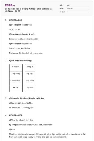 Bộ 30 đề thi cuối kì 1 Tiếng Việt lớp 1 Chân trời sáng tạo có đáp án - Đề 22