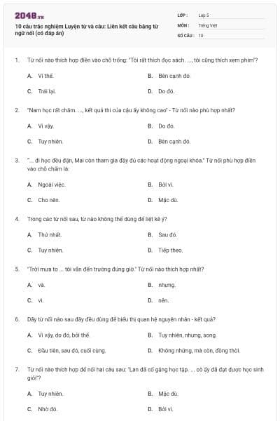 10 câu trắc nghiệm Luyện từ và câu: Liên kết câu bằng từ ngữ nối (có đáp án)