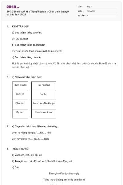 Bộ 30 đề thi cuối kì 1 Tiếng Việt lớp 1 Chân trời sáng tạo có đáp án - Đề 24