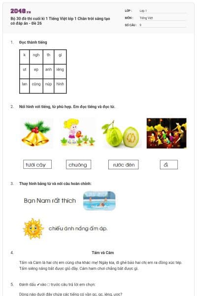 Bộ 30 đề thi cuối kì 1 Tiếng Việt lớp 1 Chân trời sáng tạo có đáp án - Đề 26