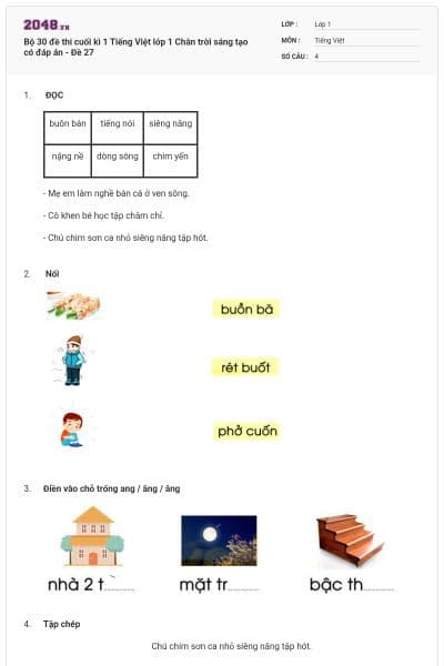 Bộ 30 đề thi cuối kì 1 Tiếng Việt lớp 1 Chân trời sáng tạo có đáp án - Đề 27