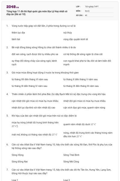 Tổng hợp 11 đề thi thpt quốc gia môn Địa Lý Hay nhất có đáp án (Đề số 10)