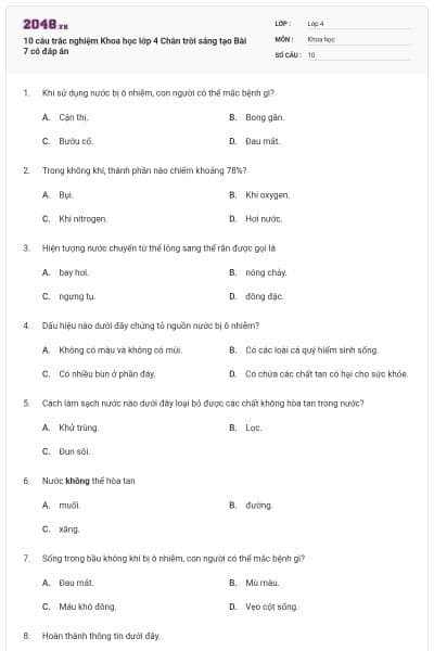 10 câu trắc nghiệm Khoa học lớp 4 Chân trời sáng tạo Bài 7 có đáp án