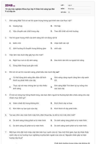 10 câu trắc nghiệm Khoa học lớp 4 Chân trời sáng tạo Bài 9 có đáp án