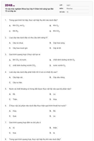 10 câu trắc nghiệm Khoa học lớp 4 Chân trời sáng tạo Bài 15 có đáp án