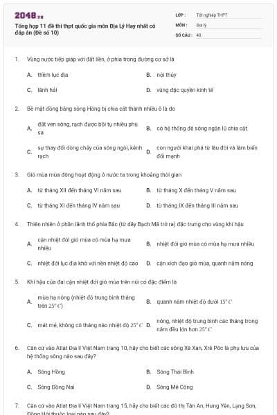 Tổng hợp 11 đề thi thpt quốc gia môn Địa Lý Hay nhất có đáp án (Đề số 10)