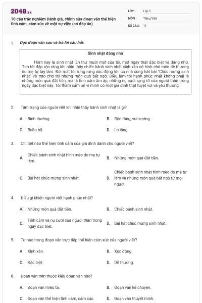 10 câu trắc nghiệm Đánh giá, chỉnh sửa đoạn văn thể hiện tình cảm, cảm xúc về một sự việc (có đáp án)