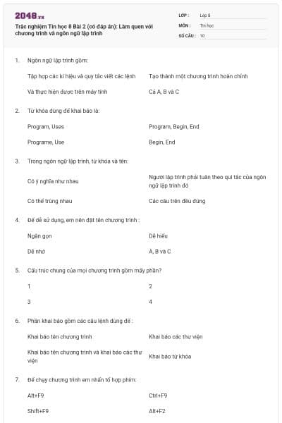 Trắc nghiệm Tin học 8 Bài 2 (có đáp án): Làm quen với chương trình và ngôn ngữ lập trình
