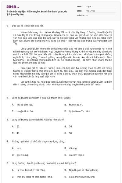 5 câu trắc nghiệm Nói và nghe: Địa điểm tham quan, du lịch (có đáp án)
