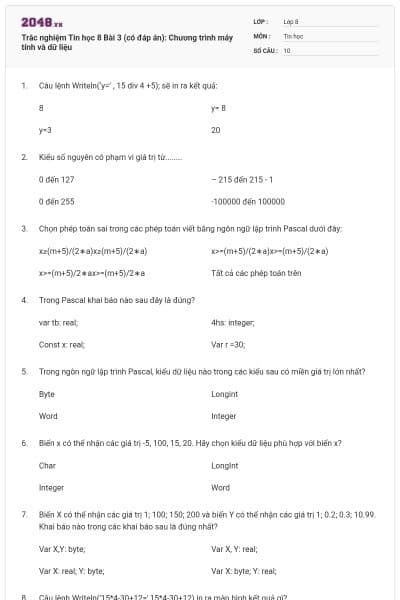 Trắc nghiệm Tin học 8 Bài 3 (có đáp án): Chương trình máy tính và dữ liệu