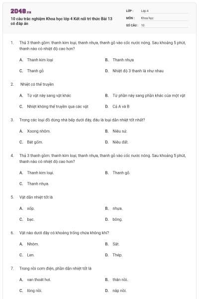 10 câu trắc nghiệm Khoa học lớp 4 Kết nối tri thức Bài 13 có đáp án
