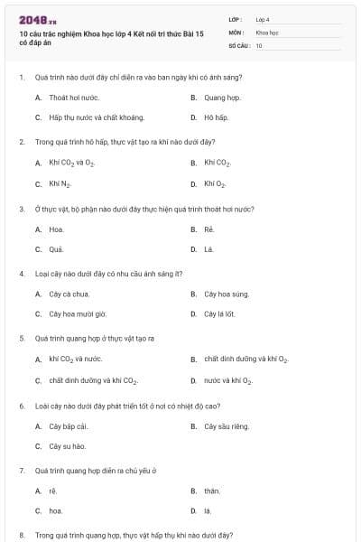 10 câu trắc nghiệm Khoa học lớp 4 Kết nối tri thức Bài 15 có đáp án