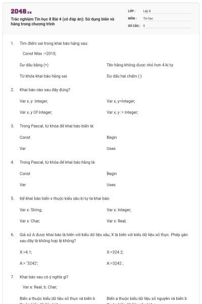 Trắc nghiệm Tin học 8 Bài 4 (có đáp án): Sử dụng biến và hằng trong chương trình