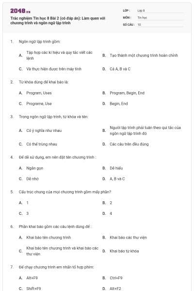 Trắc nghiệm Tin học 8 Bài 2 (có đáp án): Làm quen với chương trình và ngôn ngữ lập trình