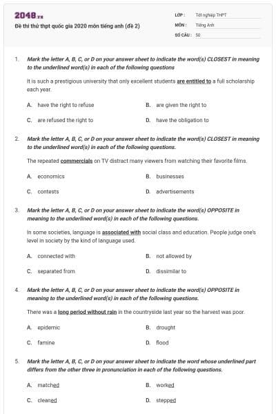 Đề thi thử thpt quốc gia 2020 môn tiếng anh (đề 2)