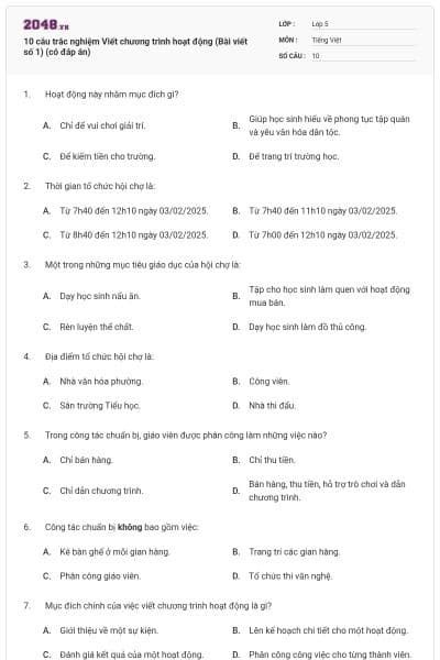 10 câu trắc nghiệm Viết chương trình hoạt động (Bài viết số 1) (có đáp án)