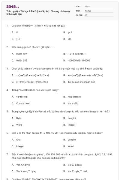 Trắc nghiệm Tin học 8 Bài 3 (có đáp án): Chương trình máy tính và dữ liệu