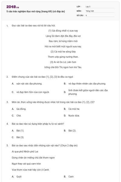5 câu trắc nghiệm Đọc mở rộng (trang 69) (có đáp án)