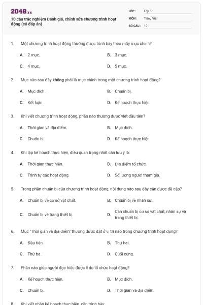 10 câu trắc nghiệm Đánh giá, chỉnh sửa chương trình hoạt động (có đáp án)