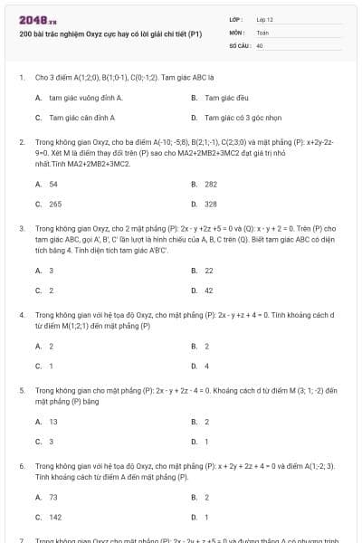 200 bài trắc nghiệm Oxyz cực hay có lời giải chi tiết (P1)