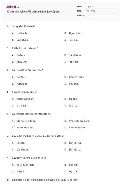 12 câu trắc nghiệm Về thăm Đất Mũi (có đáp án)