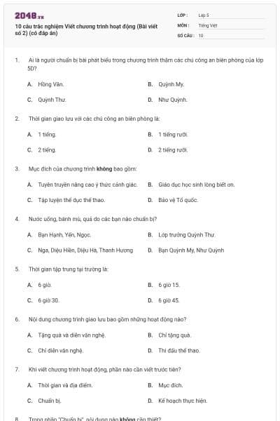 10 câu trắc nghiệm Viết chương trình hoạt động (Bài viết số 2) (có đáp án)