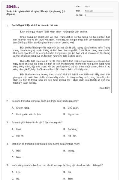 5 câu trắc nghiệm Nói và nghe: Sản vật địa phương (có đáp án)