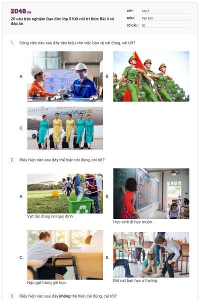 20 câu trắc nghiệm Đạo đức lớp 5 Kết nối tri thức Bài 4 có đáp án