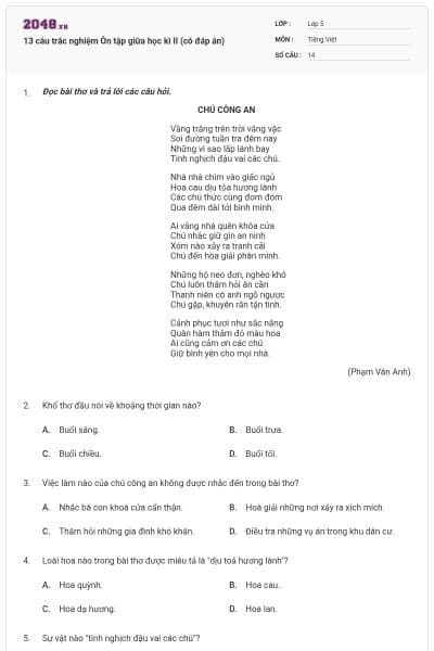 13 câu trắc nghiệm Ôn tập giữa học kì II (có đáp án)