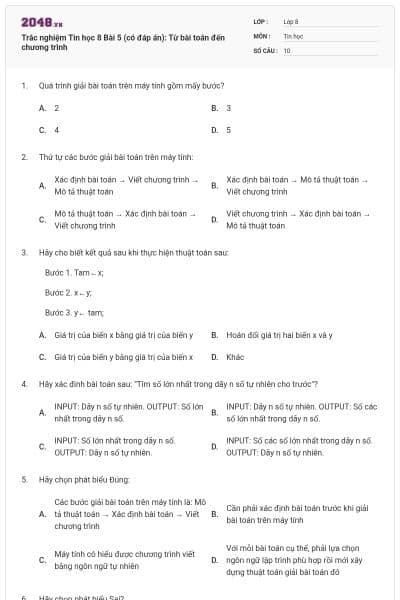 Trắc nghiệm Tin học 8 Bài 5 (có đáp án): Từ bài toán đến chương trình