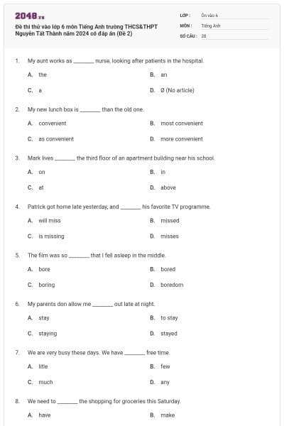 Đề thi thử vào lớp 6 môn Tiếng Anh trường THCS&THPT Nguyễn Tất Thành năm 2024 có đáp án (Đề 2)