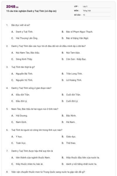 15 câu trắc nghiệm Danh y Tuệ Tĩnh (có đáp án)