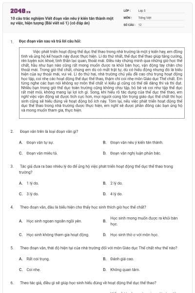 10 câu trắc nghiệm Viết đoạn văn nêu ý kiến tán thành một sự việc, hiện tượng (Bài viết số 1) (có đáp án)