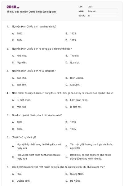 15 câu trắc nghiệm Cụ Đồ Chiểu (có đáp án)