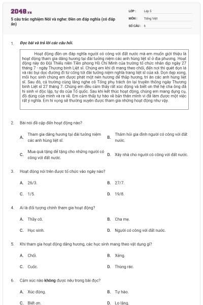 5 câu trắc nghiệm Nói và nghe: Đền ơn đáp nghĩa (có đáp án)