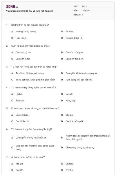 9 câu trắc nghiệm Bộ đội về làng (có đáp án)