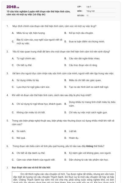 10 câu trắc nghiệm Luyện viết đoạn văn thể hiện tình cảm, cảm xúc về một sự việc (có đáp án)