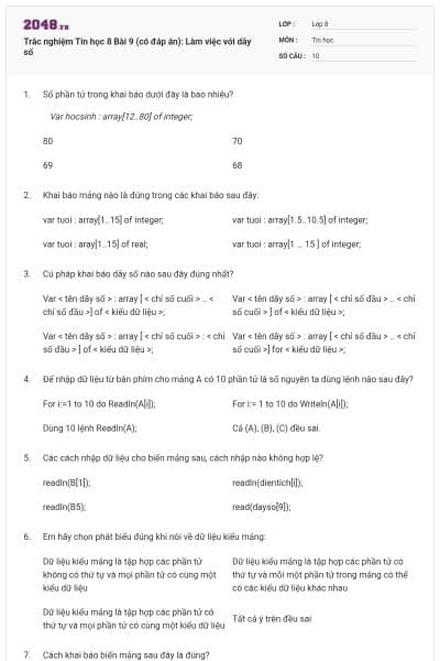 Trắc nghiệm Tin học 8 Bài 9 (có đáp án): Làm việc với dãy số