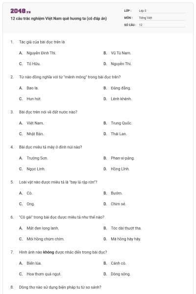 12 câu trắc nghiệm Việt Nam quê hương ta (có đáp án)