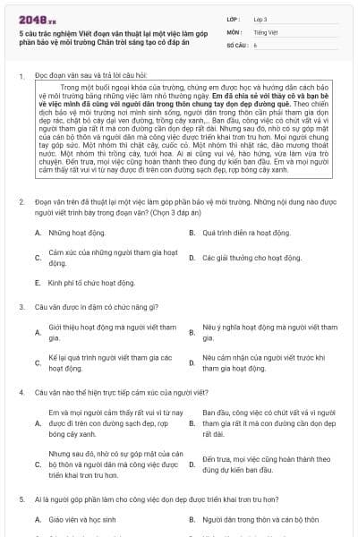 5 câu trắc nghiệm Viết đoạn văn thuật lại một việc làm góp phần bảo vệ môi trường Chân trời sáng tạo có đáp án