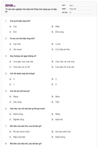 15 câu trắc nghiệm Cóc kiện trời Chân trời sáng tạo có đáp án