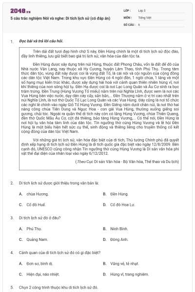 5 câu trắc nghiệm Nói và nghe: Di tích lịch sử (có đáp án)