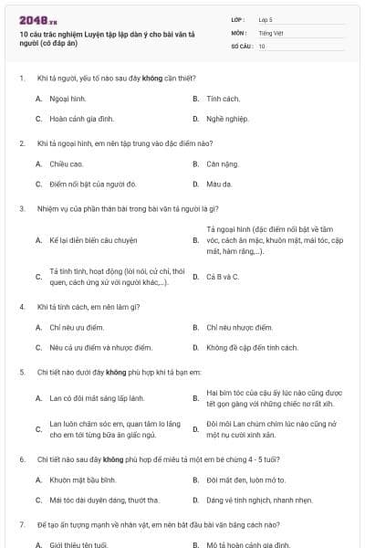 10 câu trắc nghiệm Luyện tập lập dàn ý cho bài văn tả người (có đáp án)